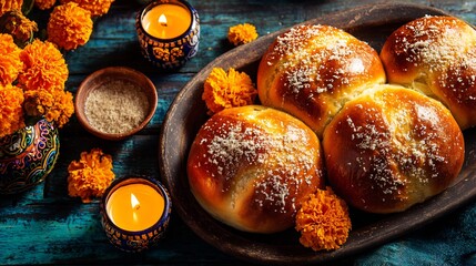 Overhead view of Mexican pan de muerto sweet bread topped sugar placed next to marigold flowers and candles for Da de los Muertos