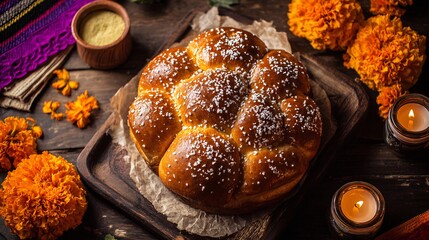 Overhead view of Mexican pan de muerto sweet bread topped sugar placed next to marigold flowers and candles for Da de los Muertos