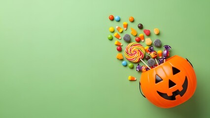 Halloween pumpkin bucket overflowing with candy on green background