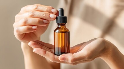 Close-up of a woman's hands cradling a small amber bottle of serum with a dropper.