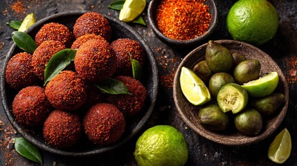Overhead view of Mexican tamarindo chamoy candies chili powder coating arranged in bowls with fresh tamarind pods and lime slices