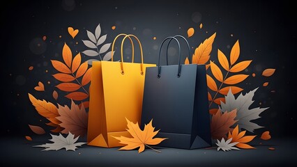 Autumn shopping bags with fall leaves on dark background