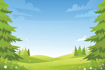 Obraz premium a scenic landscape with green trees a bright sun and a blue