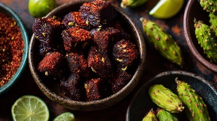 Overhead view of Mexican tamarindo chamoy candies chili powder coating arranged in bowls with fresh tamarind pods and lime slices