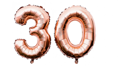 A and shiny rose gold balloon display featuring the numbers 30. symbolizing a milestone birthday celebration. set against a clean white background. perfect for party decorations