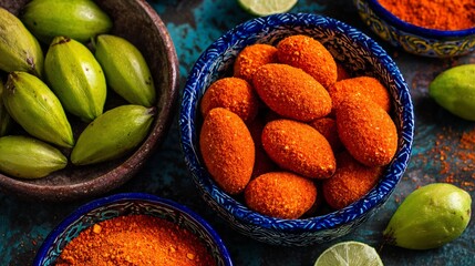 Overhead view of Mexican tamarindo chamoy candies chili powder coating arranged in bowls with fresh tamarind pods and lime slices