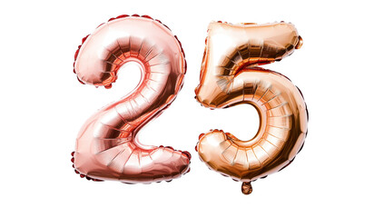 A and shiny pair of foil balloons shaped as the number 25. set against a clean white background. perfect for celebrating a milestone birthday or anniversary