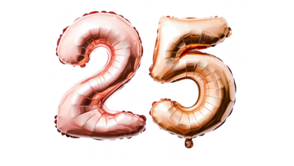 A and shiny pair of foil balloons shaped as the number 25. set against a clean white background. perfect for celebrating a milestone birthday or anniversary