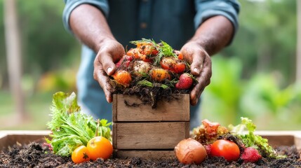 Hands carefully holding a wooden container full of fresh, organic compost in a garden setting.