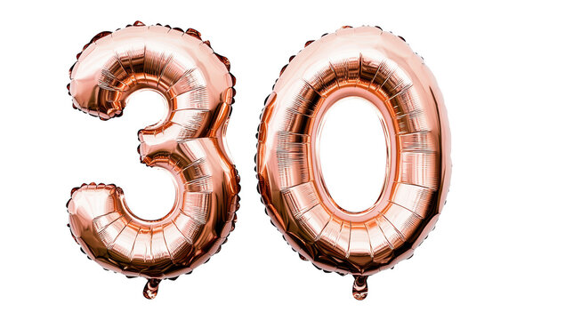 A and shiny rose gold balloon display featuring the numbers 30. symbolizing a milestone birthday celebration. set against a clean white background. perfect for party decorations
