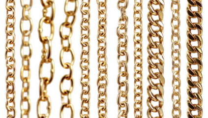 A close-up view of various styles of gold chains hanging against a white background. their intricate designs and textures. ideal for jewelry advertisements or fashion catalogs