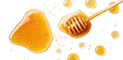 A close-up view of a wooden honey dipper resting on a pool of golden honey. its smooth texture and glossy appearance. with droplets scattered on a clean white background. ideal for culinary use