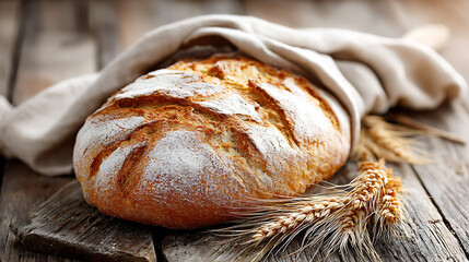 Close-up of a loaf of freshly baked sourdough bread with a crispy crust and soft, airy crumb displayed on a rustic wooden board, creating a wholesome and delicious scene