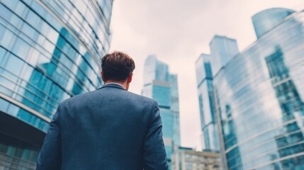 Businessman walking among modern skyscrapers in a bustling city at midday