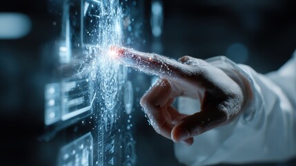Touching a virtual interface displaying glowing data and technology in a high-tech environment during a futuristic setting