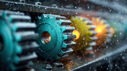 Close-up of industrial gears with water droplets, showcasing mechanical precision.