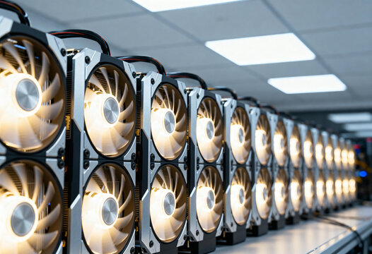 An extensive array of closely racked computer graphics card coolers with spinning, illuminated fans in a data center.