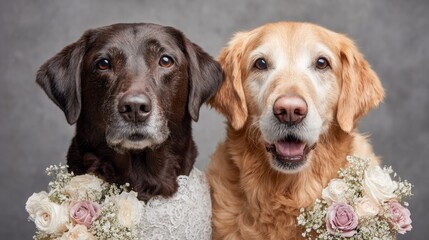 Two adorable dogs posing with bouquets, looking directly at the camera.