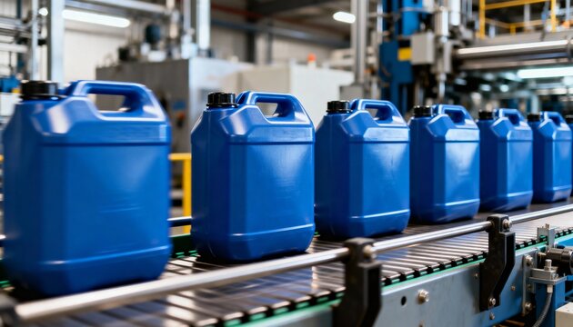 A line of blue plastic containers moves along a conveyor belt inside a busy industrial packaging factory setting. - Powered by Adobe