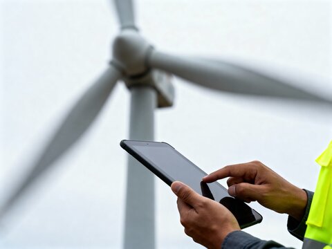 Engineer wearing a safety vest uses a tablet to monitor a wind turbine, focusing on renewable energy maintenance.