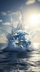 Earth Globe Rising from the Ocean Water with Splash