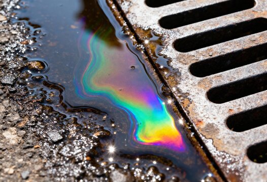 Iridescent rainbow oil slick in a puddle next to a rusty metal storm drain, showing environmental pollution. - Powered by Adobe