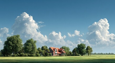 A charming red-roofed house with green trees and puffy clouds under a blue sky