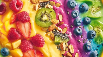 Delicious colorful smoothie bowl recipe with fresh fruit toppings for healthy breakfast or dessert idea