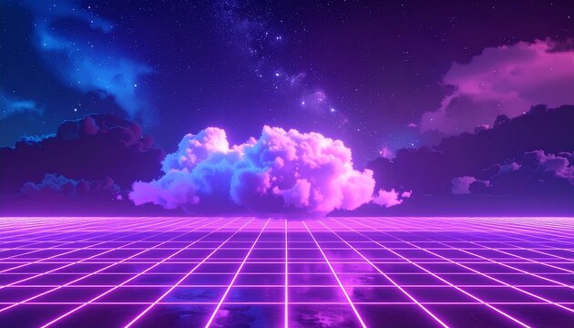 A futuristic landscape with a neon grid floor and a serene cloud against a starry sky.