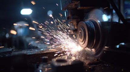 Grinding machine in action sparks flying during fabrication of piping in industrial workshop at dusk