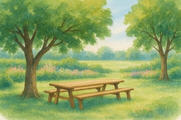 Naklejka premium Serene wooden picnic table nestled under lush green trees in a tranquil natural landscape with soft sunlight filtering through foliage creating a peaceful outdoor environment