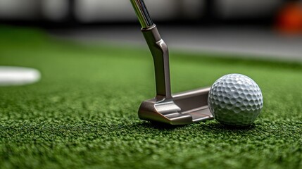 Golf putter ready for shot near golf ball on putting green in indoor simulator during practice session