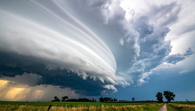 A dramatic supercell thunderstorm unleashes its raw power, creating an awe-inspiring vista of nature's might over the open landscape.  - Powered by Adobe