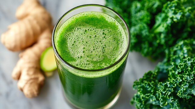 Green juice detox recipe with kale ginger and lime for healthy lifestyle and wellness nutrition drink