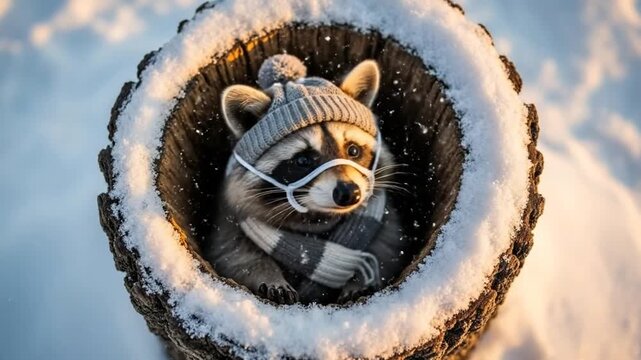 Winter Raccoon in Log Wearing Mask and Hat Amidst Snowy Scenery at Sundown