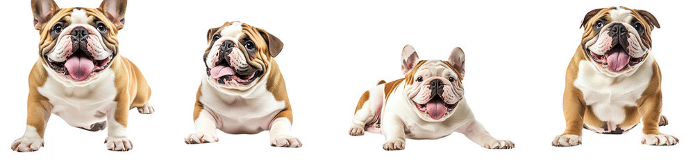 Obraz premium A playful group of four bulldogs their unique expressions and poses against a clean white background. ideal for pet-related content. advertising. or social media