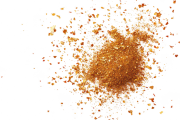 A pile of golden glitter particles scattered on a clean white background. ideal for creative projects. crafts. or festive decorations. evoking a sense of celebration and elegance