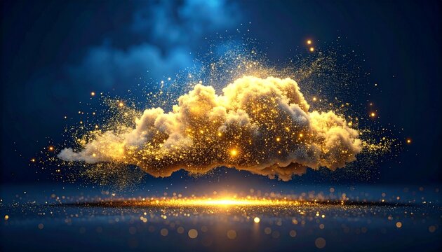 Golden cloud bursts with radiant energy, shimmering against a deep, dreamlike backdrop, evocative of imagination and magic.