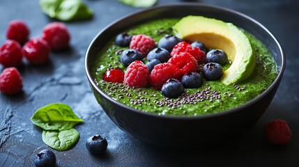 Delicious green smoothie bowl with avocado raspberries and blueberries healthy breakfast recipe idea fresh food