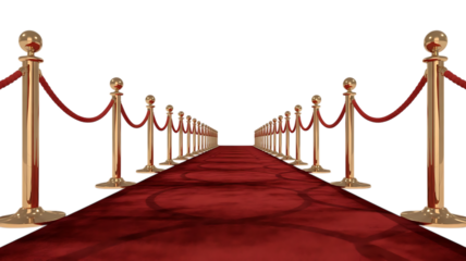 Luxurious Gold Stanchions or velvet rope stanchion. Red velvet rope barrier for a VIP event isolated transparent