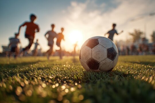 Diverse soccer players practice teamwork while dribbling and passing on a sunny field in the late afternoon - Powered by Adobe
