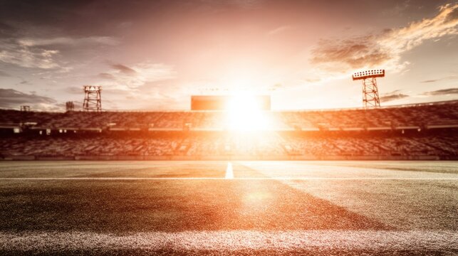 floodlights. Empty soccer field at sunset with dramatic floodlights, wide-angle view and warm golden sky tones. inspiring travel planning.
