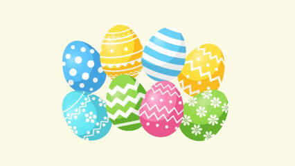 A vibrant collection of hand-drawn style Easter eggs featuring festive patterns like stripes, polka dots, and chevrons. A flat vector illustration for holiday greeting cards and spring celebrations
