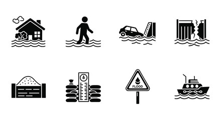 Illustrations depicting natural disasters such as floods storms and warning signs