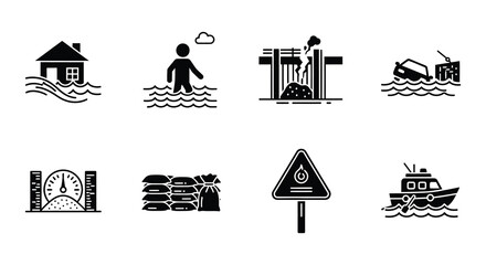 Illustrations depicting natural disasters such as floods storms and warning signs
