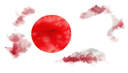 A watercolor illustration of the Japanese flag. featuring a red circle symbolizing the sun on a white background. evoking a sense of national pride and cultural identity