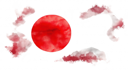 A watercolor illustration of the Japanese flag. featuring a red circle symbolizing the sun on a white background. evoking a sense of national pride and cultural identity