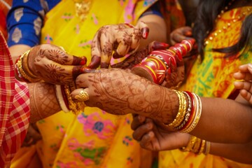 Bengali wedding gaye holud ritual with women tying sacred yellow thread and gachkouto on bride&rsquo;s hand