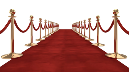 Luxurious Gold Stanchions or velvet rope stanchion. Red velvet rope barrier for a VIP event isolated transparent background