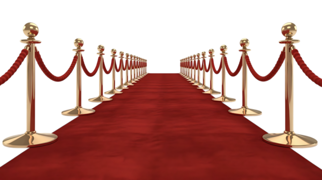 Luxurious Gold Stanchions or velvet rope stanchion. Red velvet rope barrier for a VIP event isolated transparent background - Powered by Adobe
